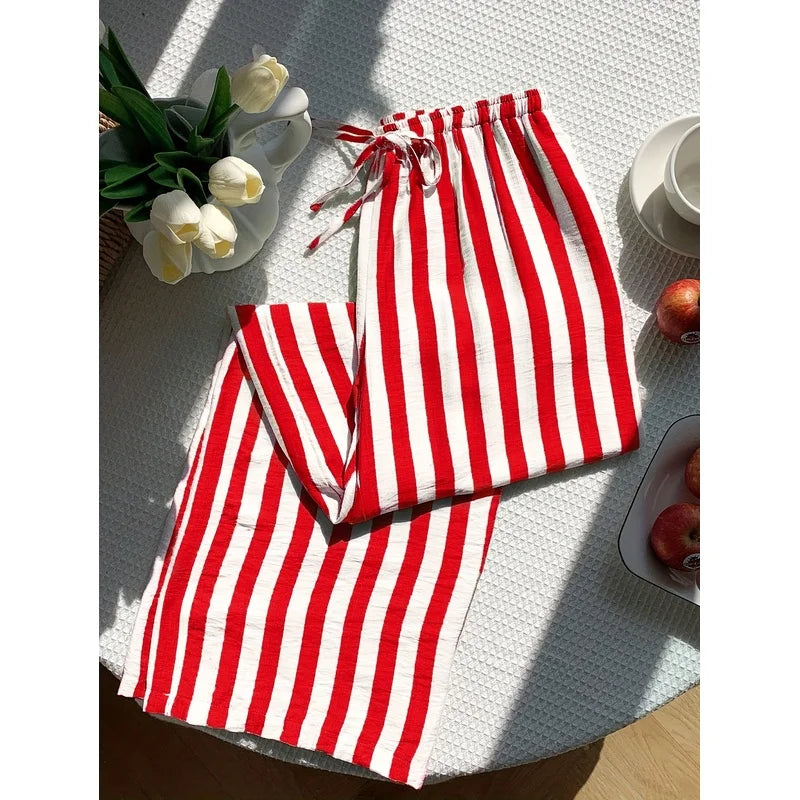 New fashion stripe trousers  Stylish lady Women'S Long Striped Drawstring high Waist Comfortable Loose Wide-Leg Pants