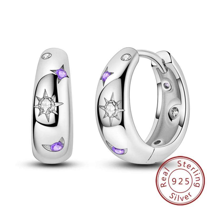 New Original 925 Sterling Silver Hoop Earrings Purple Zircon Flowers Butterflies Studs Earring For Women Wedding Engagement Gift