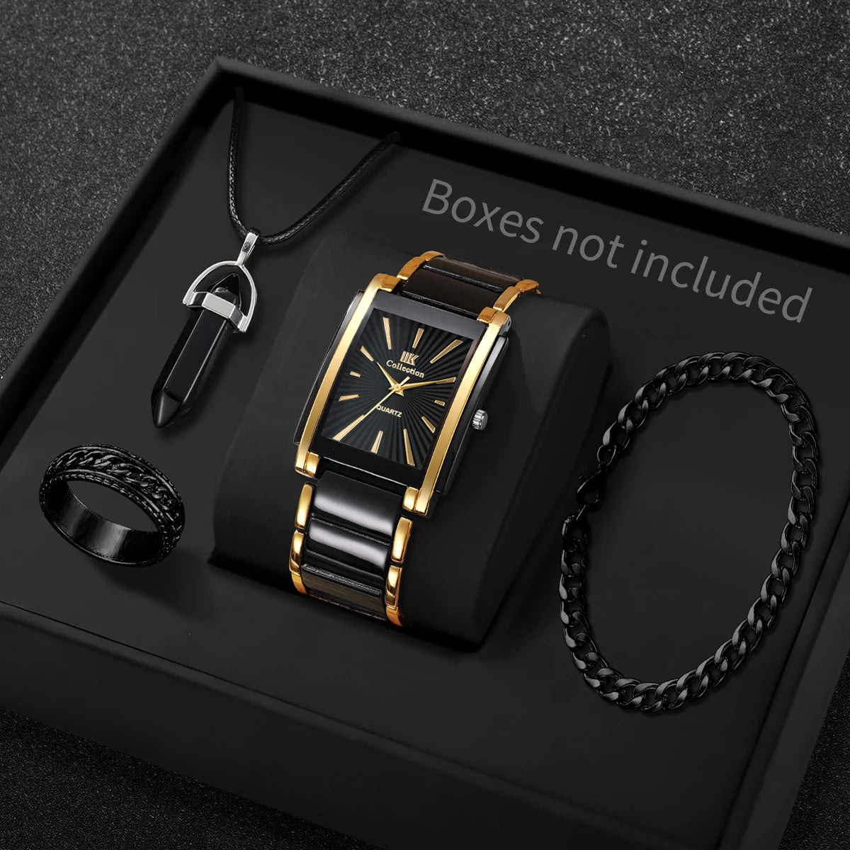4PCS Luxury Men Business Watches Jewelry Set Fashion Rectangle Dial Male Quartz Watch Reloj Hombre(Without Box)