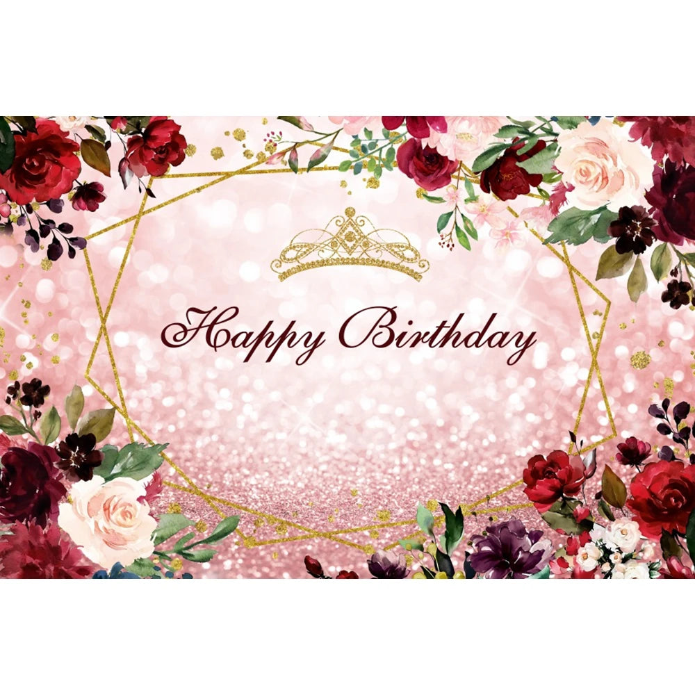 Happy Birthday Backdrop Gold Frame Frame Flower Butterfly Baby Shower Adult Anniversary Birthday Party Photography Background