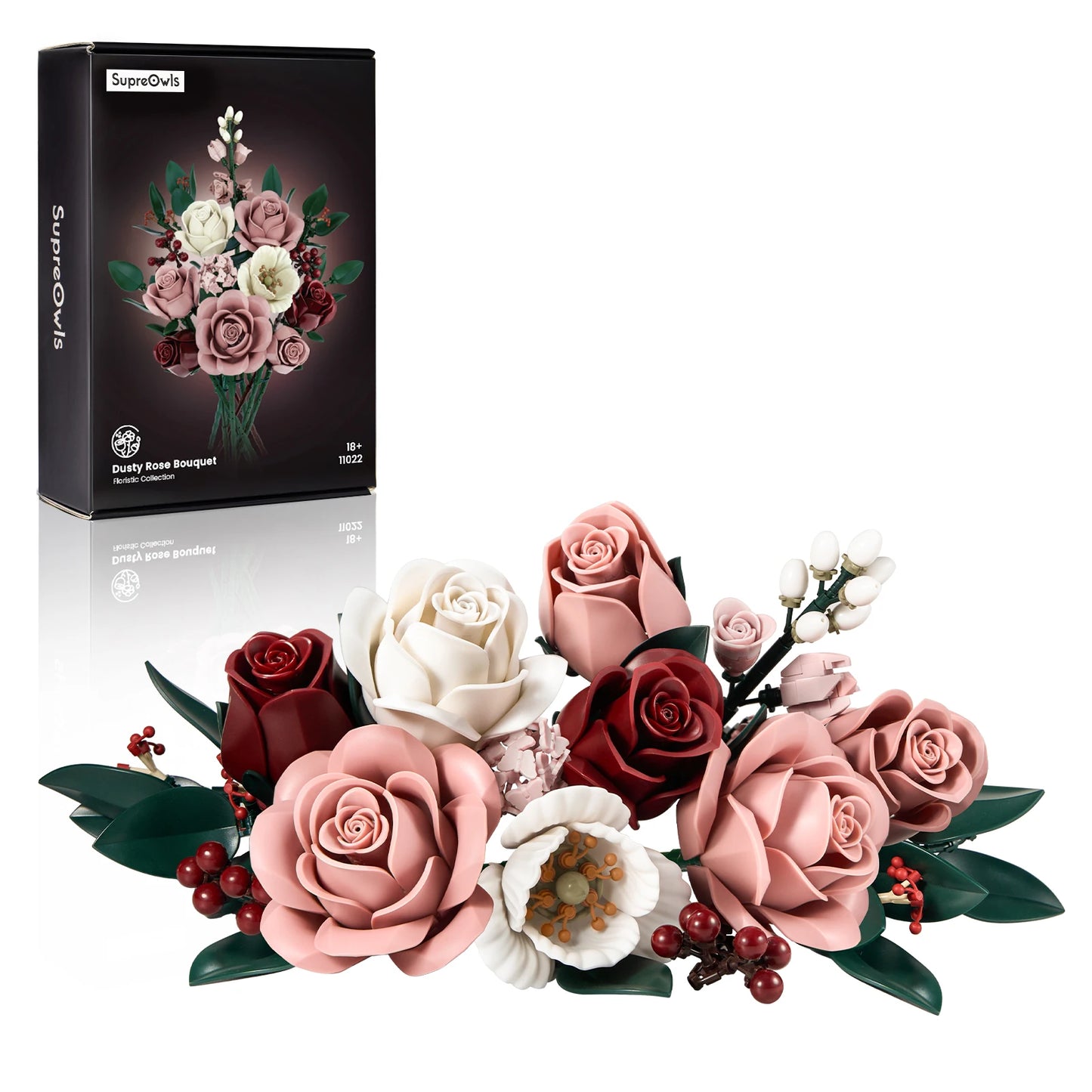 Pink Roses Bouquet Building Set Artificial Flowers Plants Home Office Room Decor Valentines Day Christmas Gifts for Adults Women