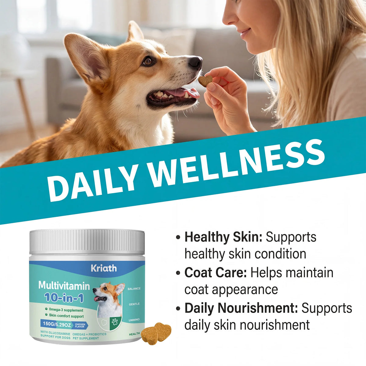 Kriath 10-in-1 Multivitamin Dog Supplement - Promotes Skin and Hair Health, Supports Gut Health, Mobility and Overall Health