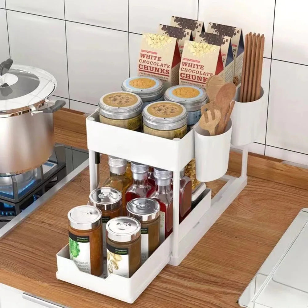 New 2 Tier Under Sink Pull Out Sliding Multi Function Space Saving Organizer Rack for Kitchen Bathroom