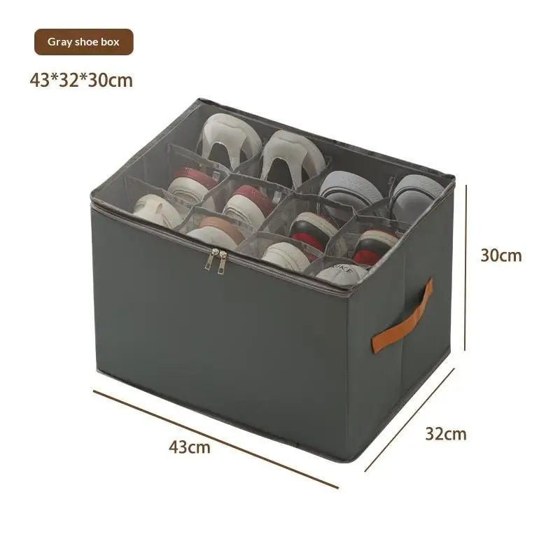 Foldable Fabric 12 Grid Shoe Storage Box Clear Zipper Lid With Handle Sneaker Organizer For Bedroom Daily Storage