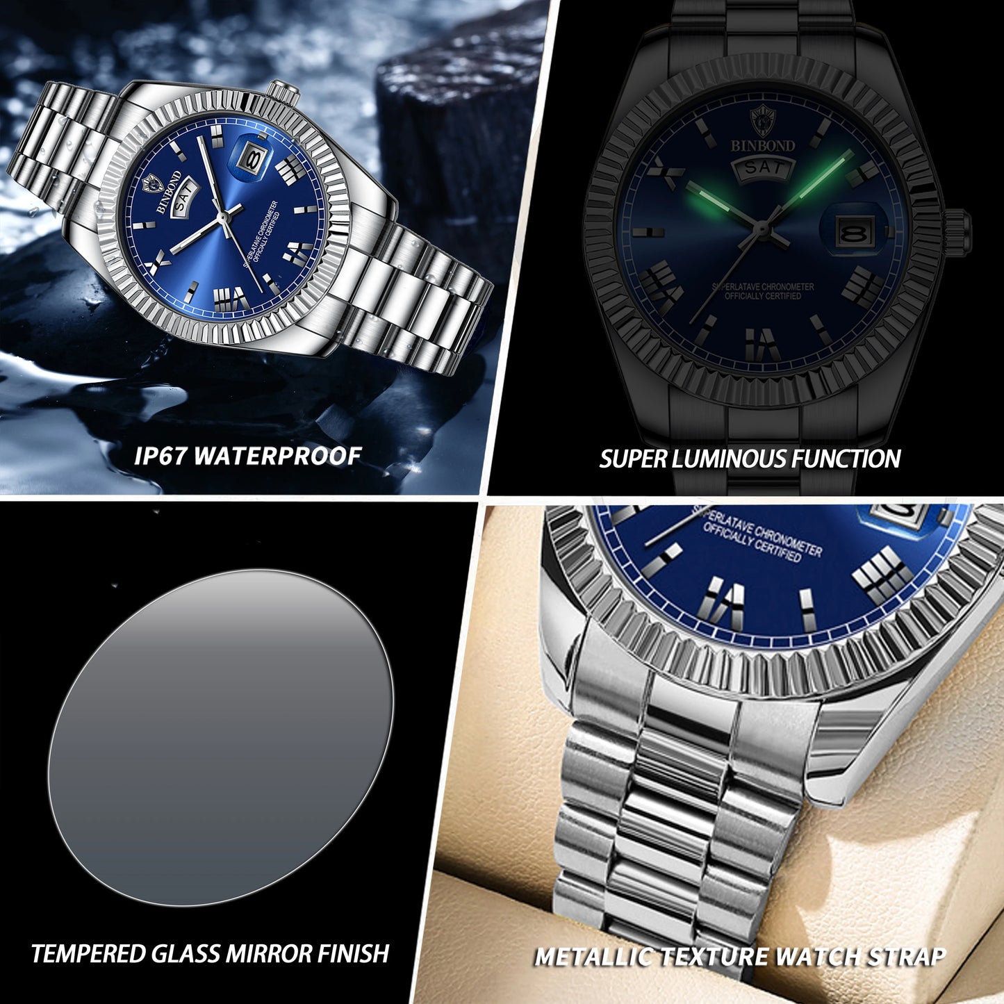 BINBOND Luxury Precise Quartz Wristwatches For Men Fashion Casual Reloj Luminous Waterproof Week Auto Date Men's Watch Durable