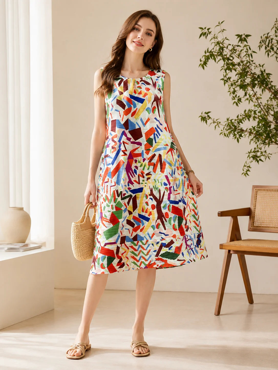 Women Pleated Sleeveless Midi Dress, Abstract Geometric Colorful Art Print Loose A‑Line Tank Dress Round Neck Casual Summer Vacation Party Midi Dresses for Ladies