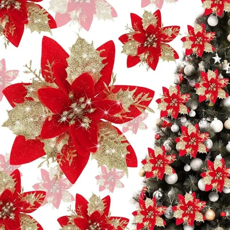 5Pcs Christmas Flowers Glitter Flowers Artificial Berry Christmas Tree Decorations Ornaments Xmas Party Wreath Floral Home Decor