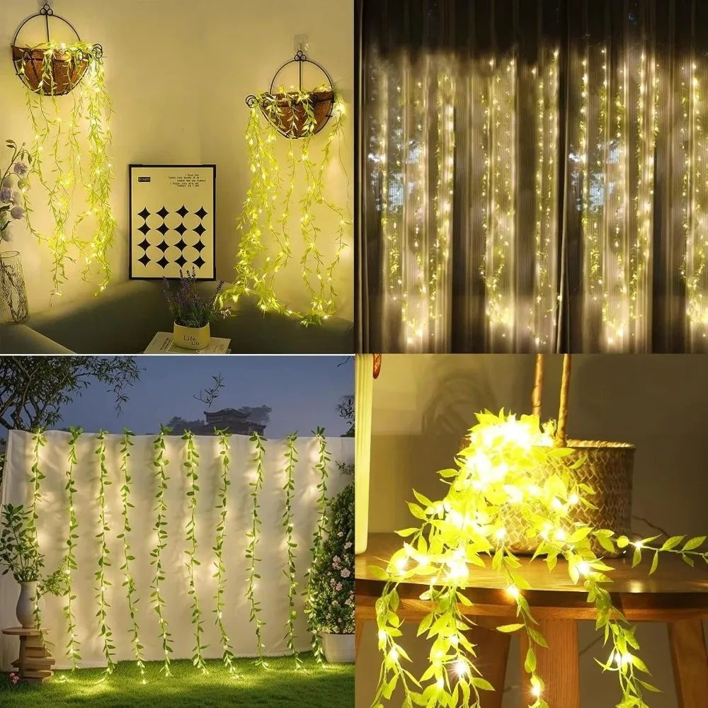 2/5M 20Light Willow Leaf String Lights Always on Battery Box Willow Curtain Lamp Artificial Flowers Desktop Decoration