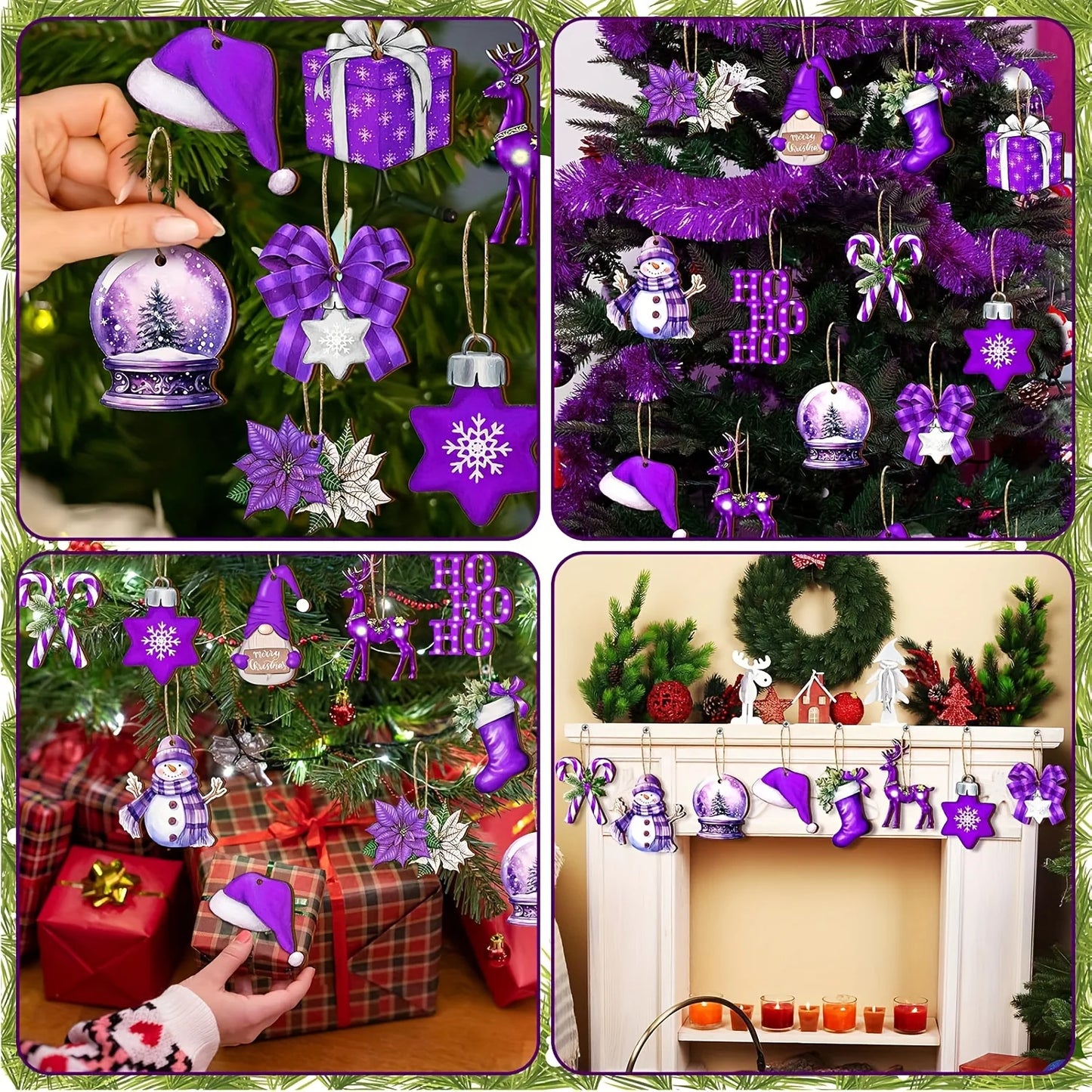 12-Piece Wooden Christmas Ornament Set - Glossy Deep Purple and Light Purple Hanging Decorations