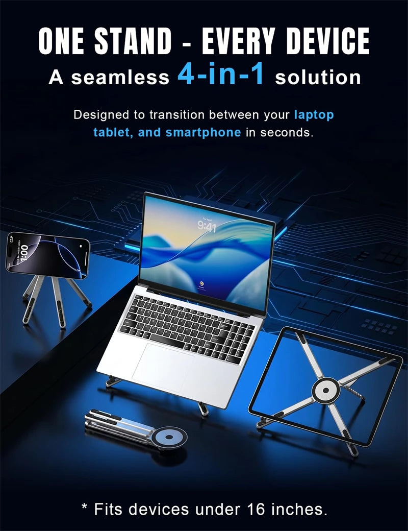 4 in 1 Foldable Laptop Stand Magnetic Phone Holder Aluminum Portable Desk Mount with Tripod Handle for Pro iPad Travel Vlogging