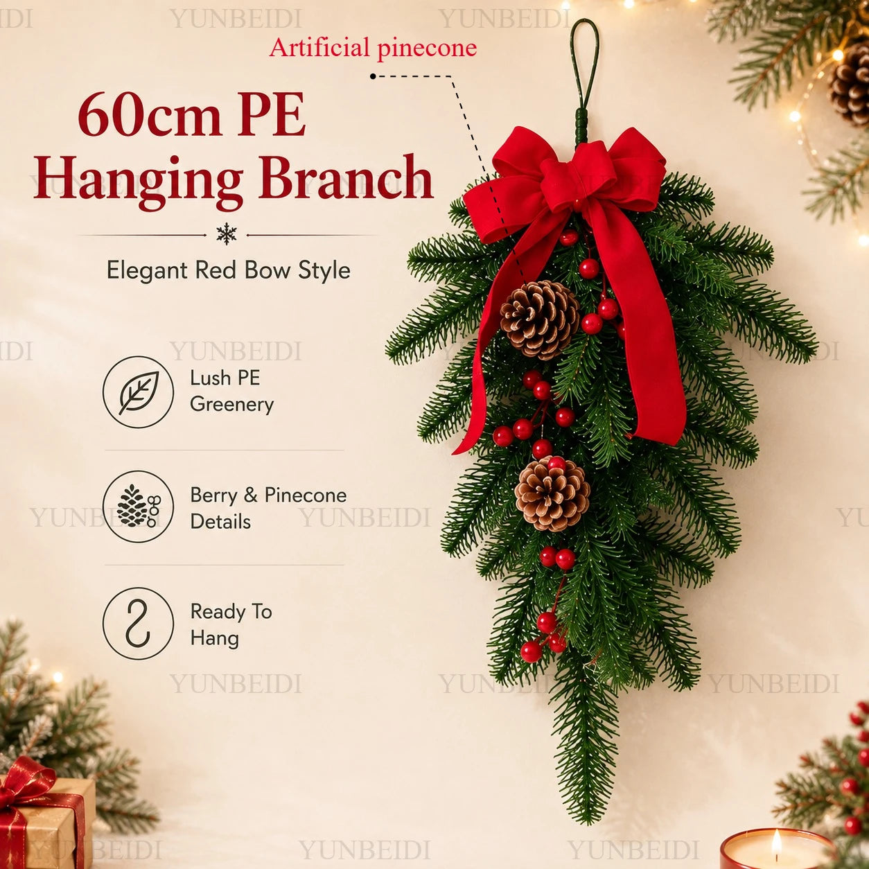 Artificial Christmas Branches PE Material Christmas Wreath 20CM/60CM for Home Windows Doors and Walls Christmas Decorations