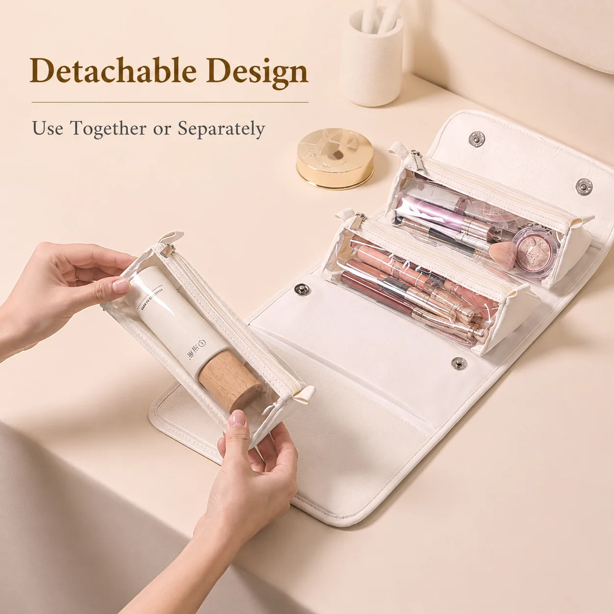Travel Makeup Bag for Women on Business Trips, 4 Detachable Clear Pouches, Foldable Hanging Cosmetic Toiletry Organizer