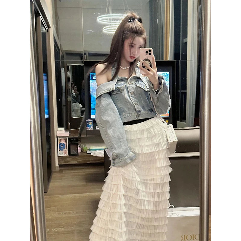 Y2K Cropped Denim Jackets Women Vintage Slash Neck Jeans Coat Streetwear Sexy Halter Long Sleeve Casual Design Outerwear Tops