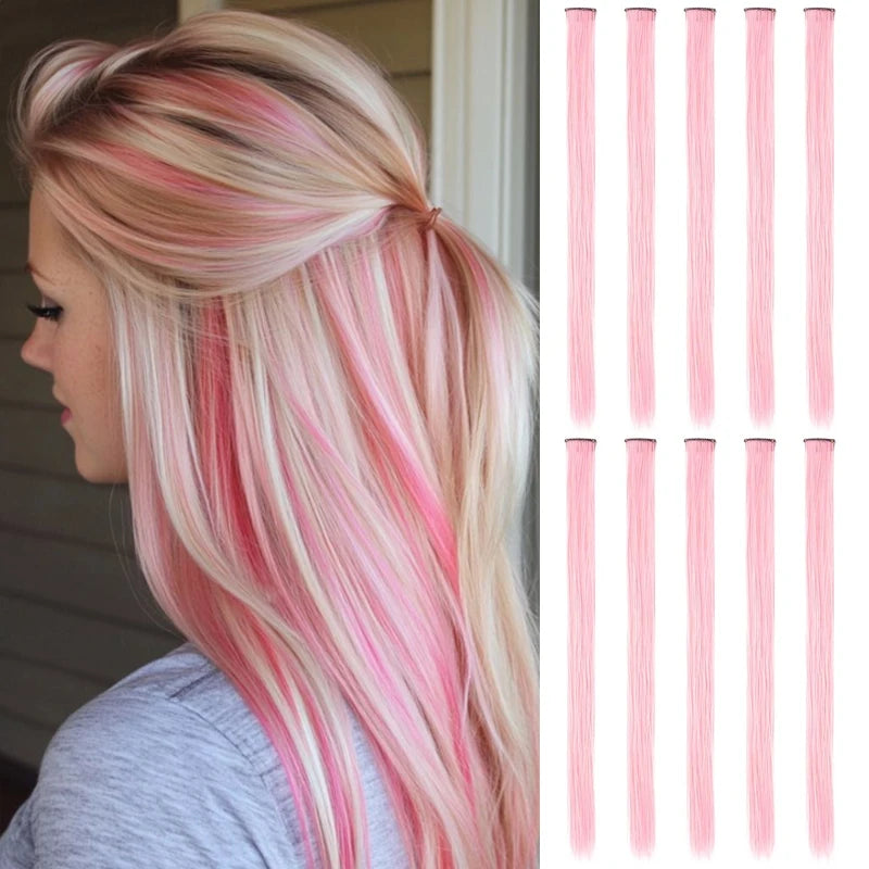 10PCS Hair Extensions Clip in -24 inch Colorful Hair Extensions Party Highlights Long Straight Synthetic Wigs,Suitable for Girl