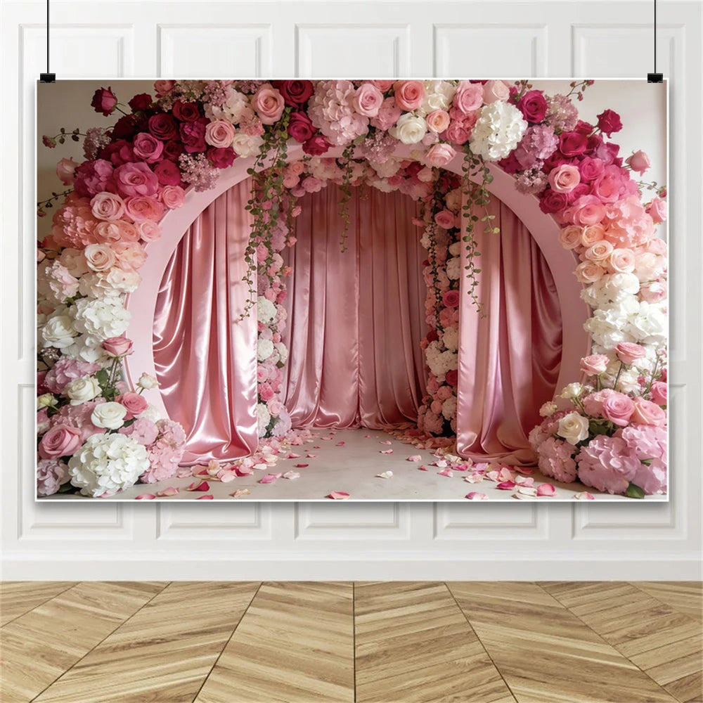 Pink Floral Wedding Backdrop Rose Arch Satin Drapery Photography Background for Bridal Shower Ceremony Photo Booth Decor