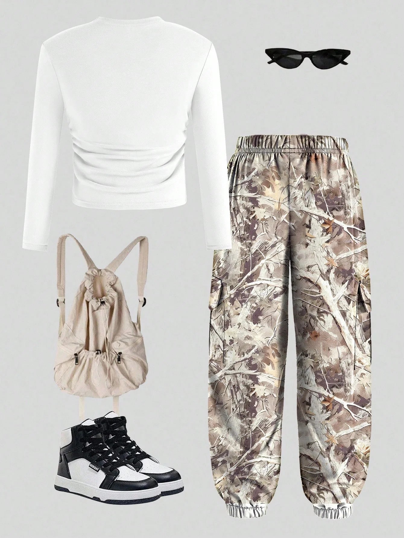 Spring and Autumn Girls' Trendy 2-Piece Outfit: Letter Print Long-Sleeve T-Shirt + Camo Cargo Jogger Pants Set