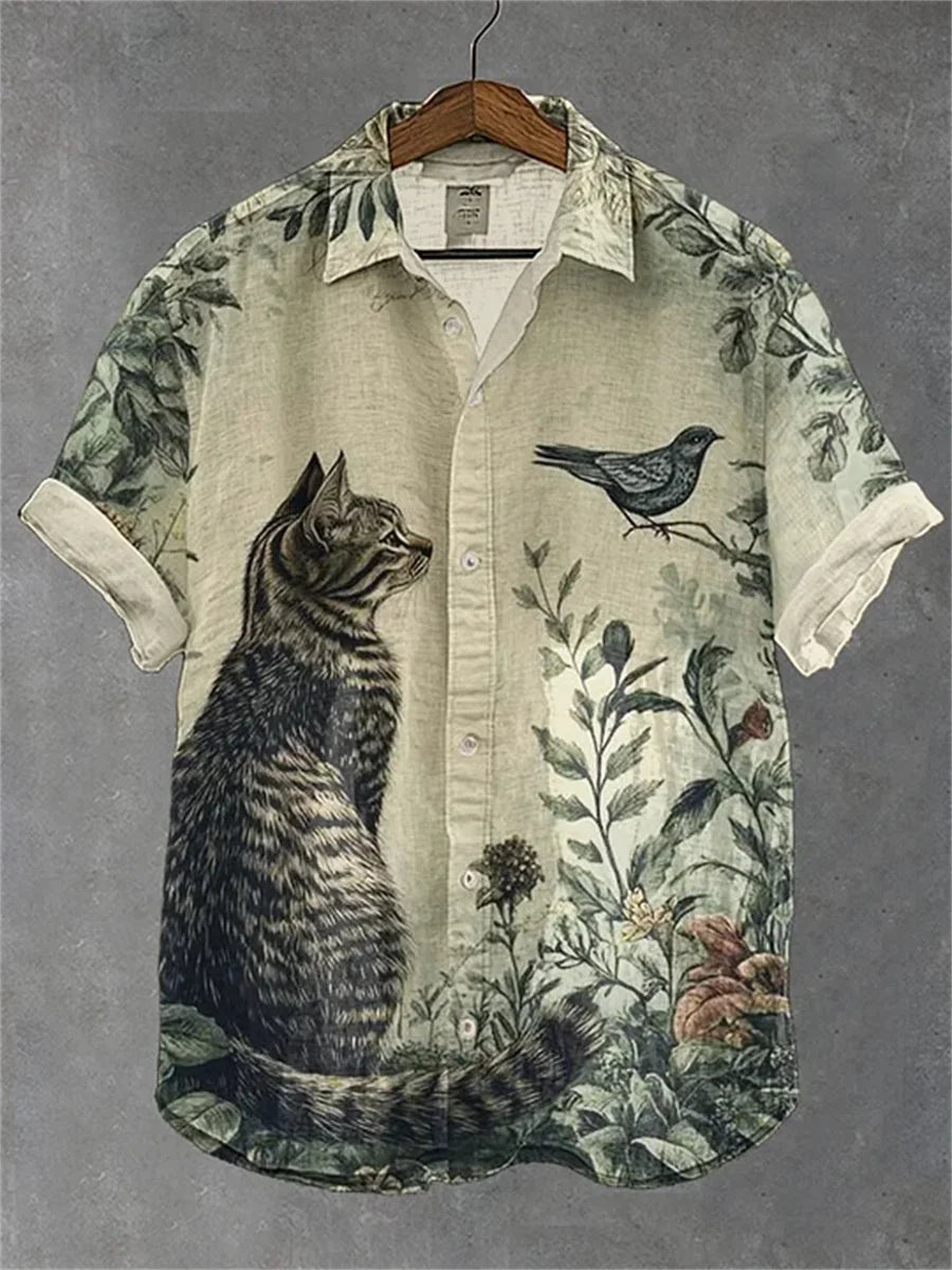 Men's blue and white color-blocked short-sleeved shirt with black cat print, collared casual outdoor vacation Hawaiian shirt.