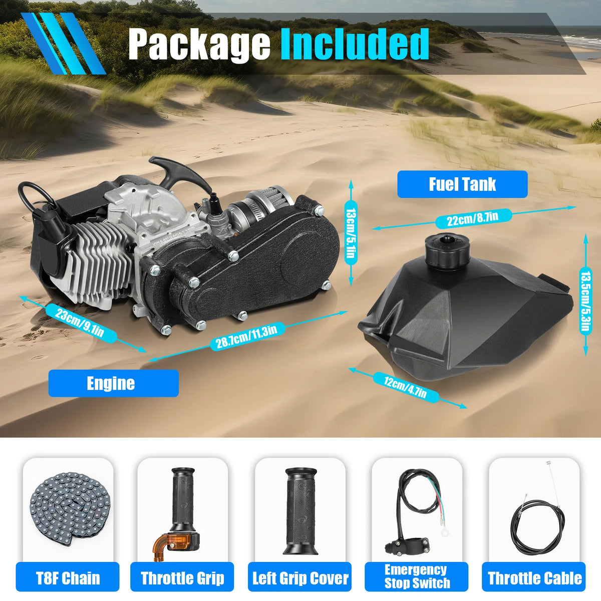 49CC 50CC 2 Stroke Dirt Bike Engine Motor Kit 7000RPM Gas Powered Engine Single Cylinder Air-Cooled Engine Aluminum Engine with T8F Chain Fuel Tank for Pocket Mini Dirt Beach Bike ATV Scooter
