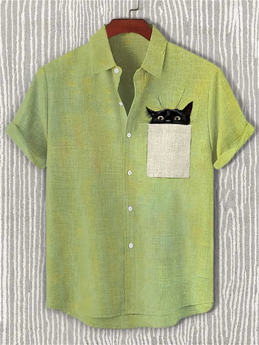 Men's blue and white color-blocked short-sleeved shirt with black cat print, collared casual outdoor vacation Hawaiian shirt.