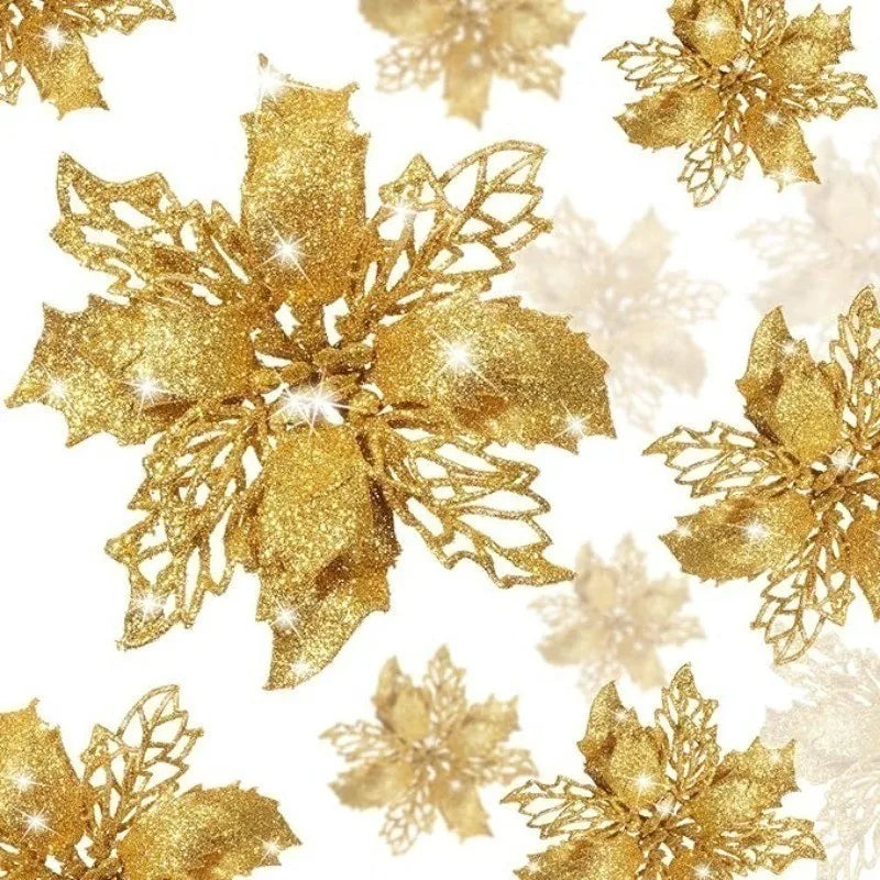 5Pcs Christmas Flowers Glitter Flowers Artificial Berry Christmas Tree Decorations Ornaments Xmas Party Wreath Floral Home Decor