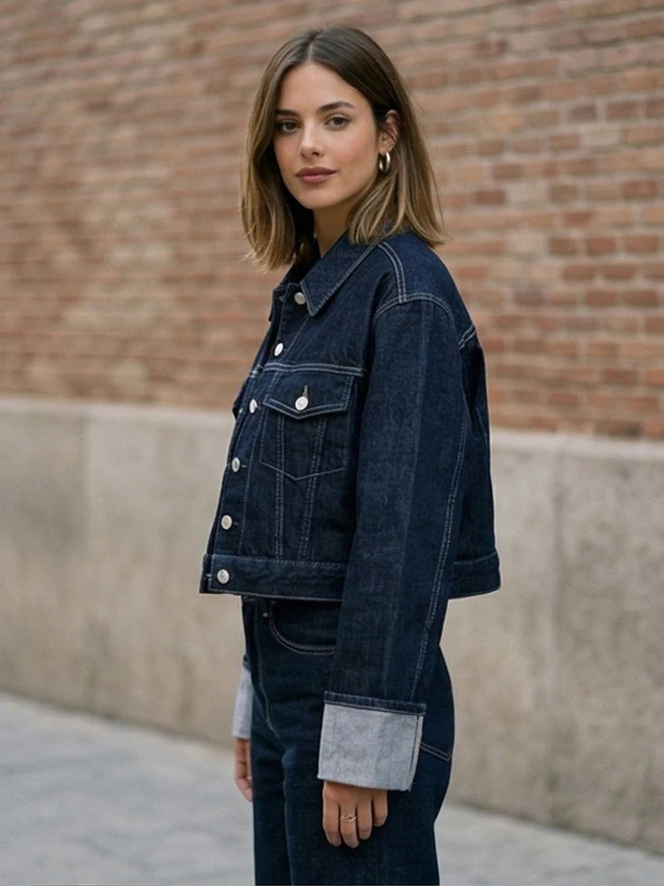 Willshela Women Fashion With Pockets Denim Blue Single Breasted Jackets Vintage Lapel Neck Long Sleeves Female Chic Lady Outfits