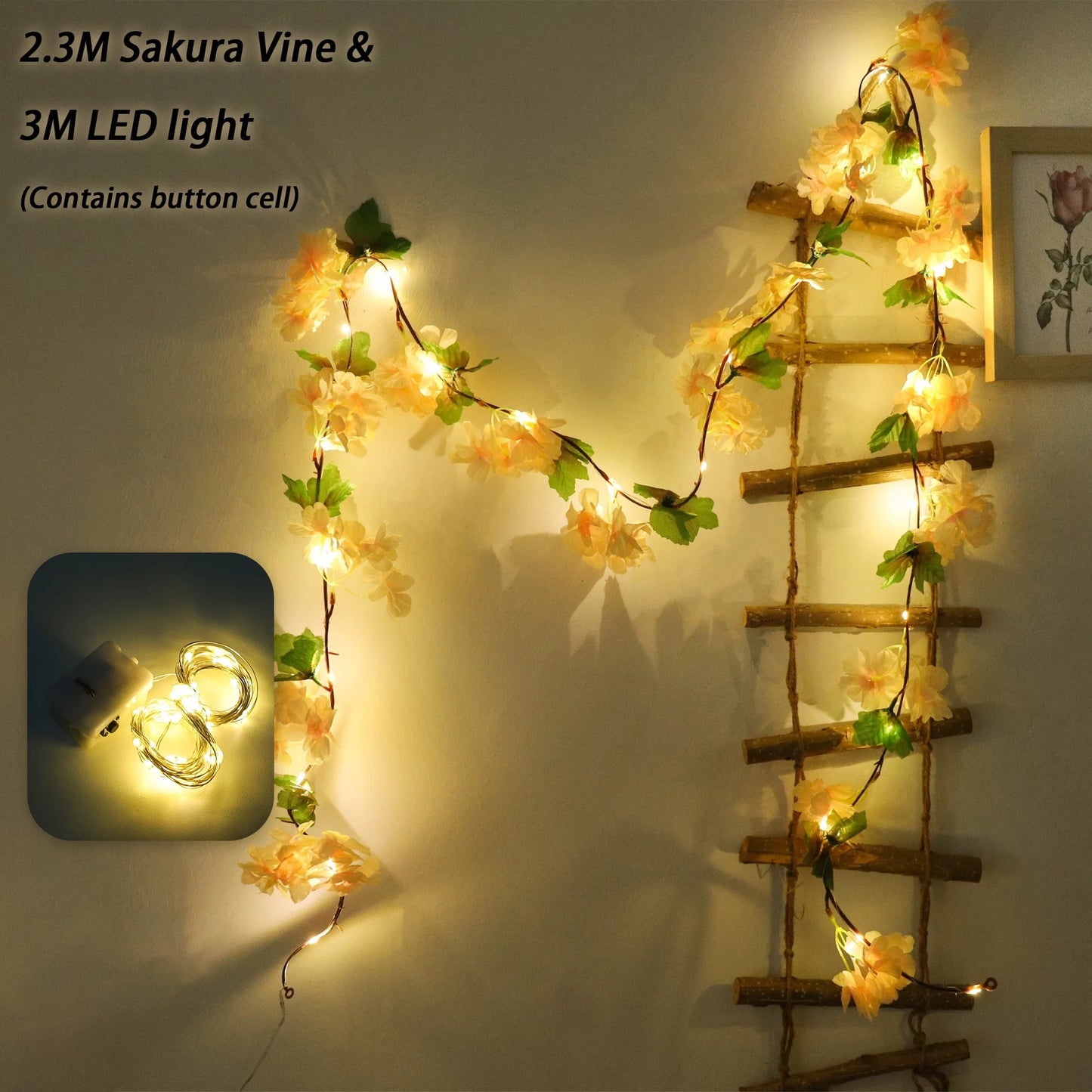 Cherry Blossom LED Light Artificial Flowers Vines For Wedding Party Home Decoration Hanging Wall Garden Arch Christmas Ornament