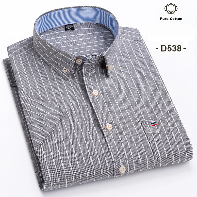 Plus Size 7XL Summer Short Sleeve Shirt 100%Cotton Shirts for Men White Plaid Striped Social Slim Fit Formal Business Clothing