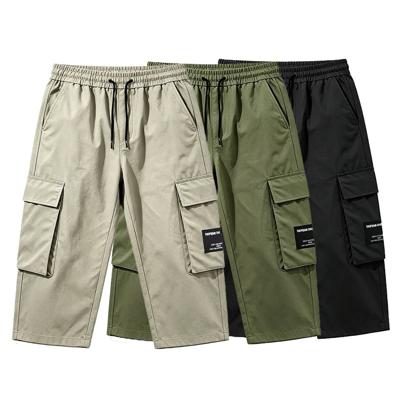 Men 7/8 Length Cargo Capri Pants Drawstring Elastic Waist Large Capacity Flap Side Cargo Pockets Daily Outdoor Casual Trousers