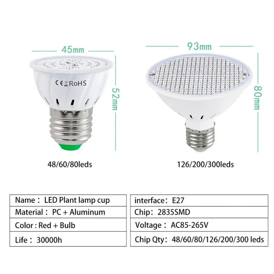 300~48Beads E27 Plant Growth Lamp Cup Red Blue Full Spectrum Indoor Planting Multi-specification Lamp Beads Lighting Light Cup