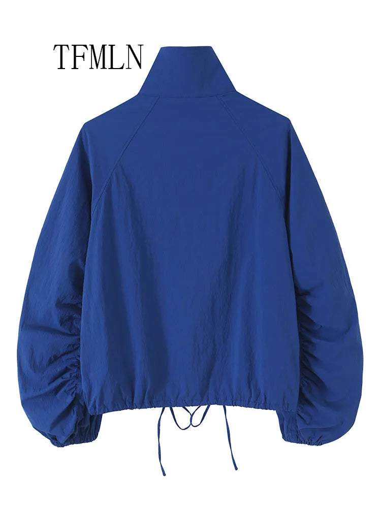 TFMLN Vintage Blue Single Breasted Jackets For Women 2026 Autumn New Chic Causal Folds Sleeve Stand Collar Coats High Street Top