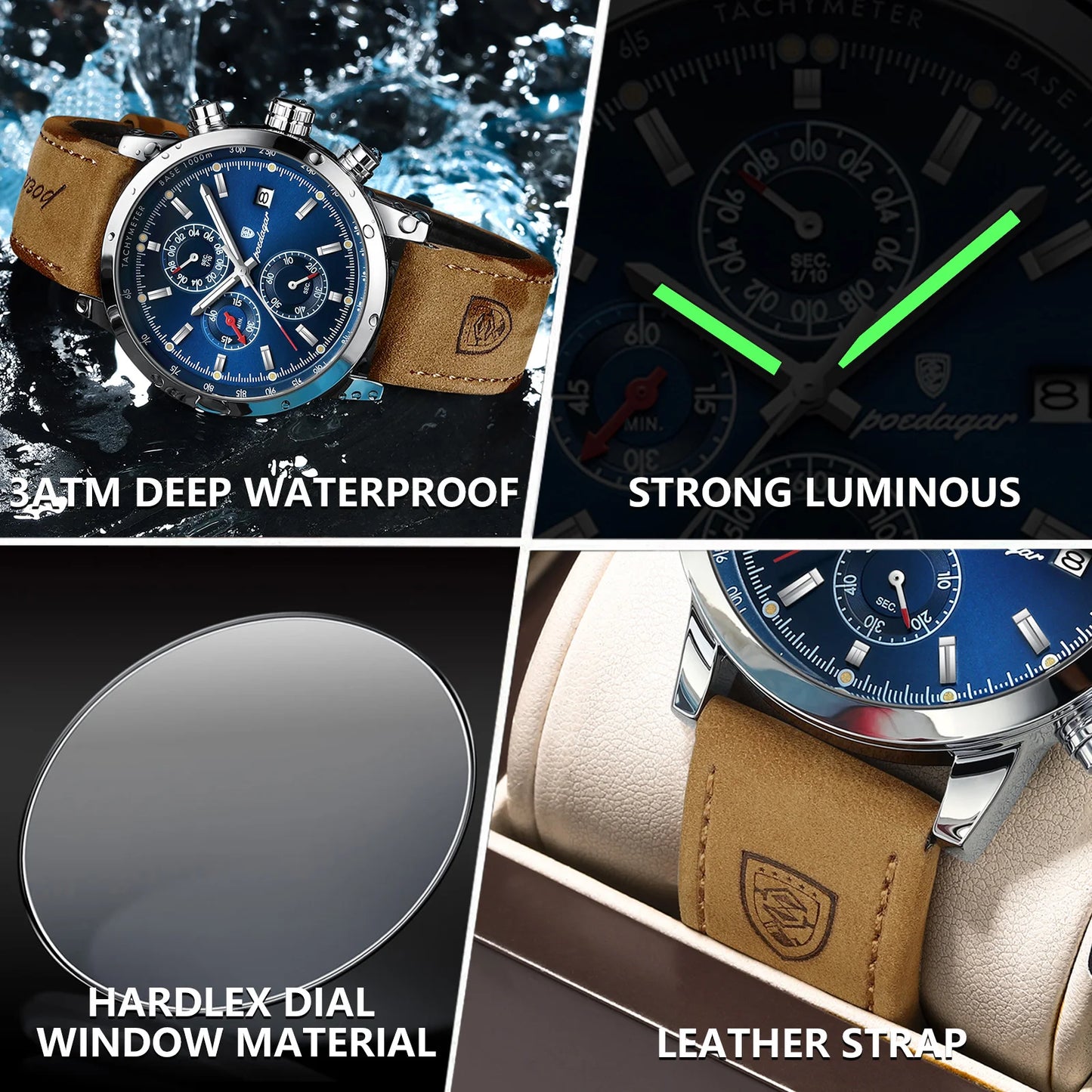 POEDAGAR Luxury Trendy Man Watch Date Waterproof Luminous Chronograph Men Watch Sports Male Stylish Leather Men's Quartz Watches