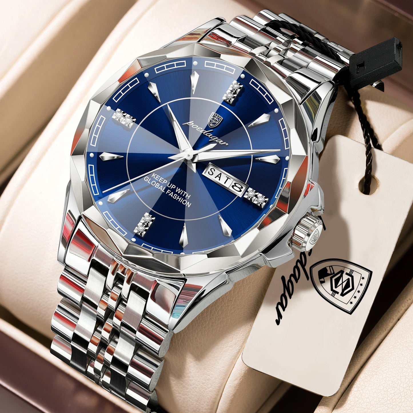 POEDAGAR Top Business Man Wristwatch Waterproof Luminous Luxury Men Clock Date Week Stainless Steel Fashion Men's Quartz Watches