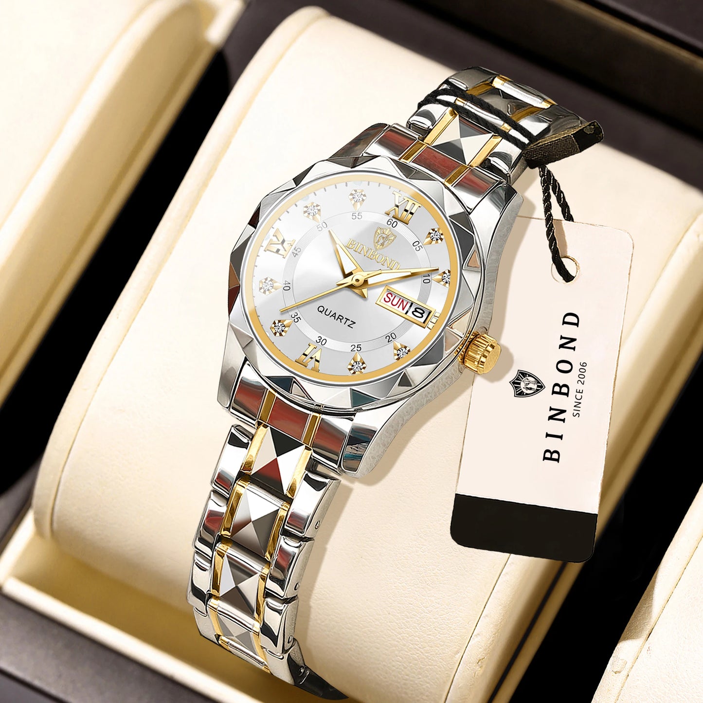 BINBOND Ladies Reloj Sturdy Quartz Watches For Women Luxury Luminous Waterproof Accurate Auto Date Week Display Women's Watch