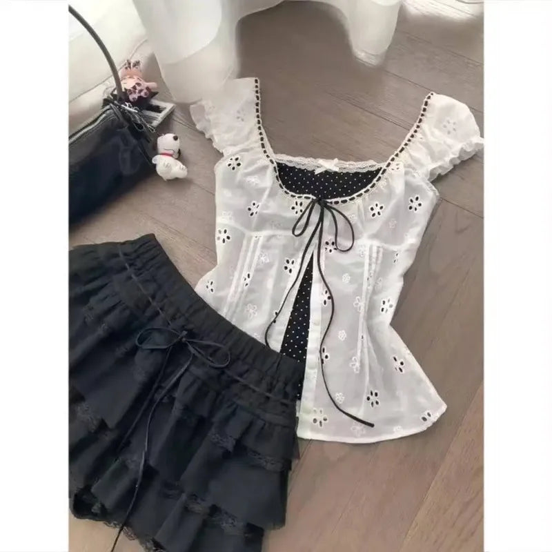 Kawaii Lolita Fake Two Piece Shirts Women Slim Elegant Lace Bow Tees Japanese Harajuku Y2K Sweet Cute Blouse Street Daily Outfit