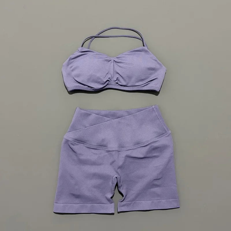 2 Piece Yoga Set Women Criss‑Cross Back Straps Bralette Crossover Waist Yoga Shorts Buttery-Soft Gym Training Workout Activewear