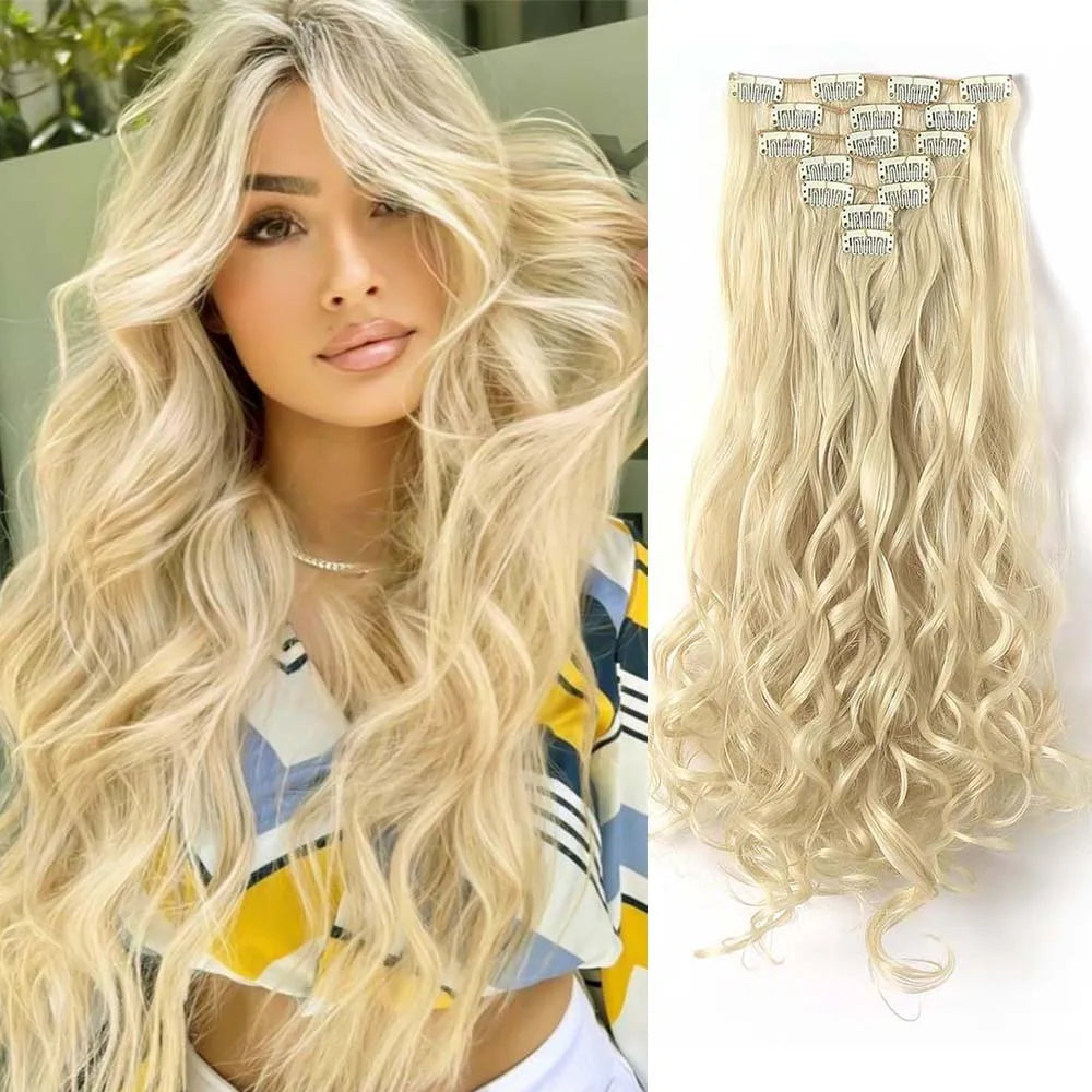22 Inch Elegant Sexy White Hair 7Pcs/Set 16 Clips Long Curly Wave, Body Wave Synthetic Hair Extensions Clip-in Hair Extensions
