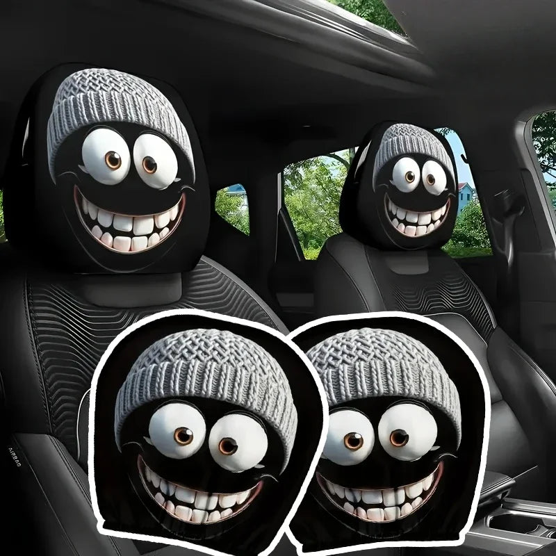 Grey Funny Smiling Face Car Headrest Cover, Double-sided Print - No Filling Material, Easy Installation - Interior Decoration