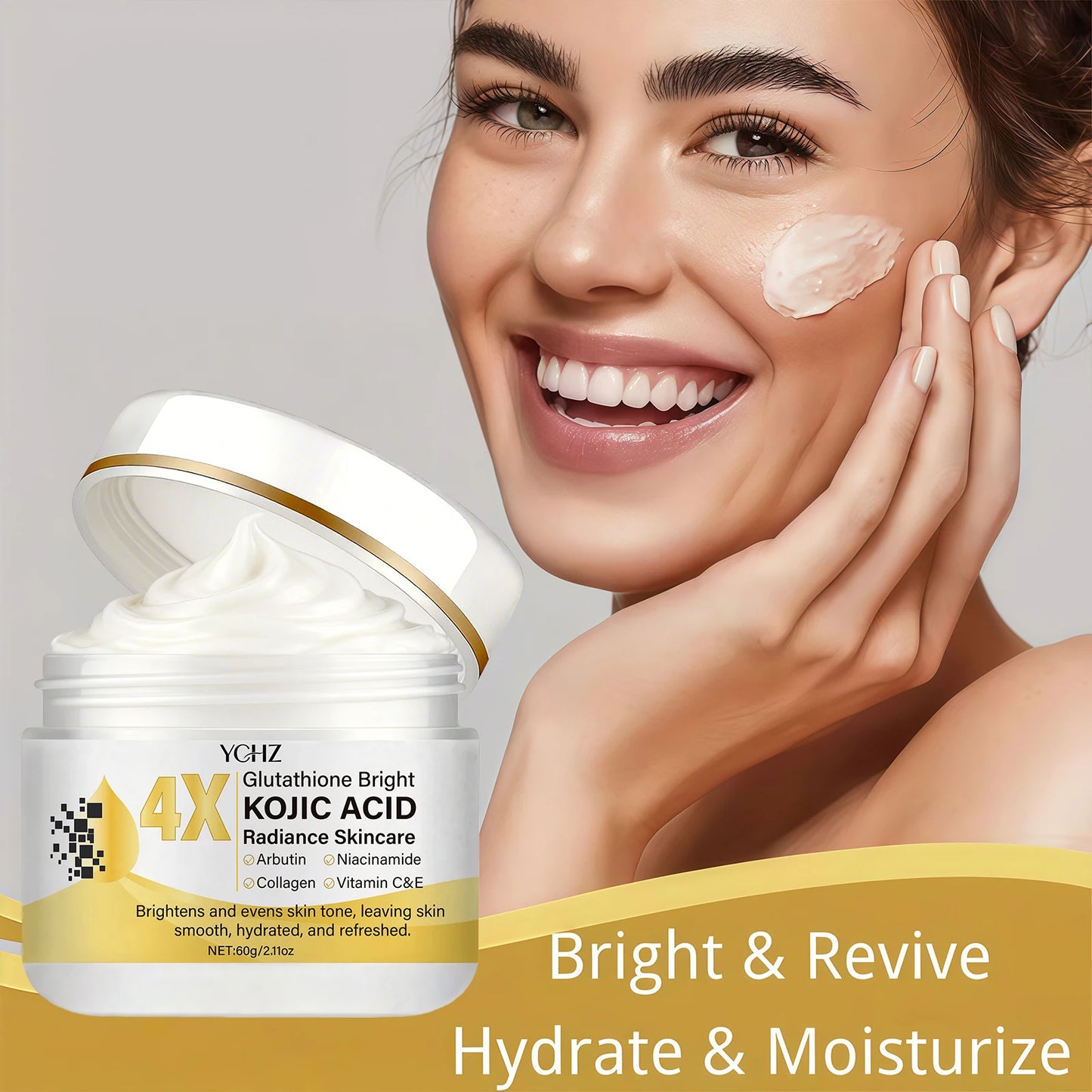 Kojic Acid Cream, Evens Out Skin Tone, Eliminates Dark Spots and Dullness - Non-Greasy, Suitable for Both Men and Women - Whitening and Moisturizing Cream, for Day and Night Use - 60g
