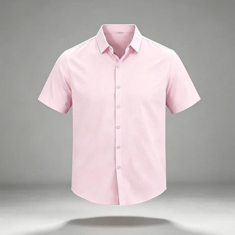 Mens Wrinkle Free Non Iron Silky Stretch Short Sleeve Dress Shirts Standard Point Collar Full Button Summer Office Formal Tops