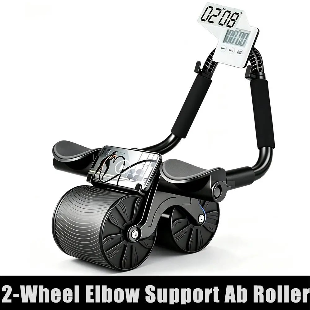 2-Wheel Dual Abdominal Roller with Soft Elbow Rests, Digital Counter, Phone Mount, Foldable Quiet Core Trainer, Portable Travel Fitness Equipment for New Gym Starters, Mini Strength Sports Supply