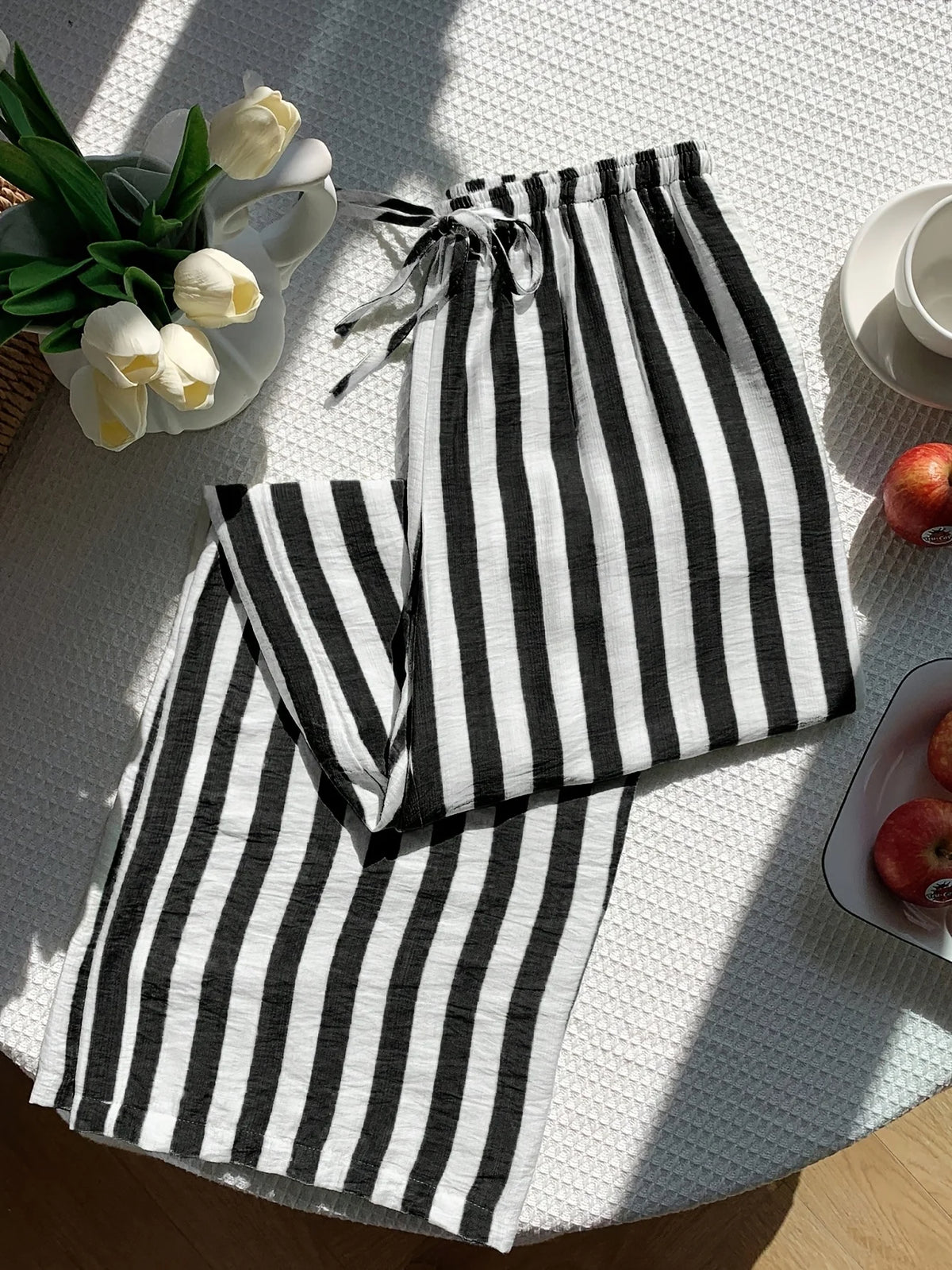 New fashion stripe trousers  Stylish lady Women'S Long Striped Drawstring high Waist Comfortable Loose Wide-Leg Pants