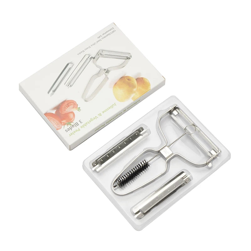 3-in-1 Stainless Steel Peeler with Interchangeable Blades Vegetable Fruit Potato Peeler Slicer Grater Kitchen Tools, Easy Grip