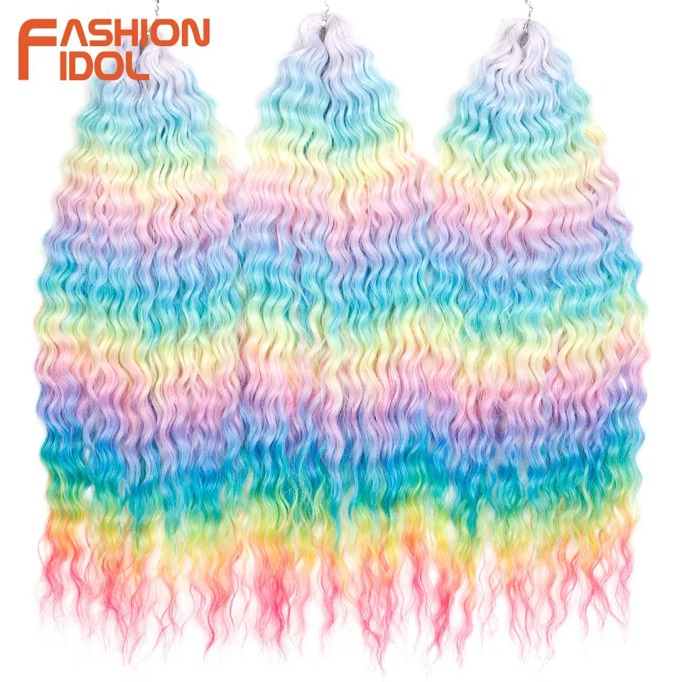 LOVE ME 22 Inch 300g/3pcs Ariel Curl Hair Water Wave Twist Crochet Hair Synthetic Ombre Rainbow Color Braiding Hair Extensions