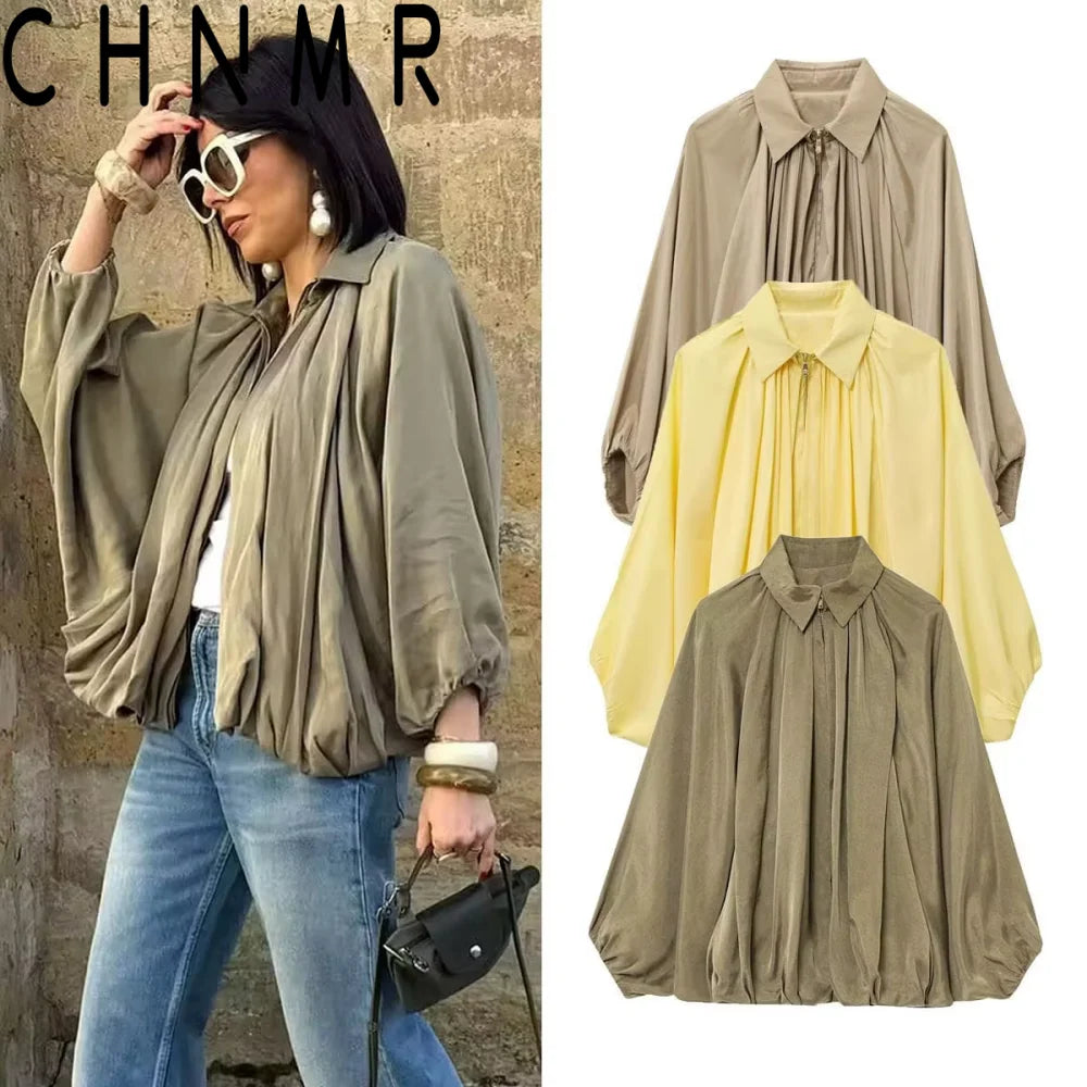 CHNMR Elegant Ruched Satin Jackets for Women Spring Fall Casual Zipper Jacket Long Sleeved Coats Female Chic Outerwears