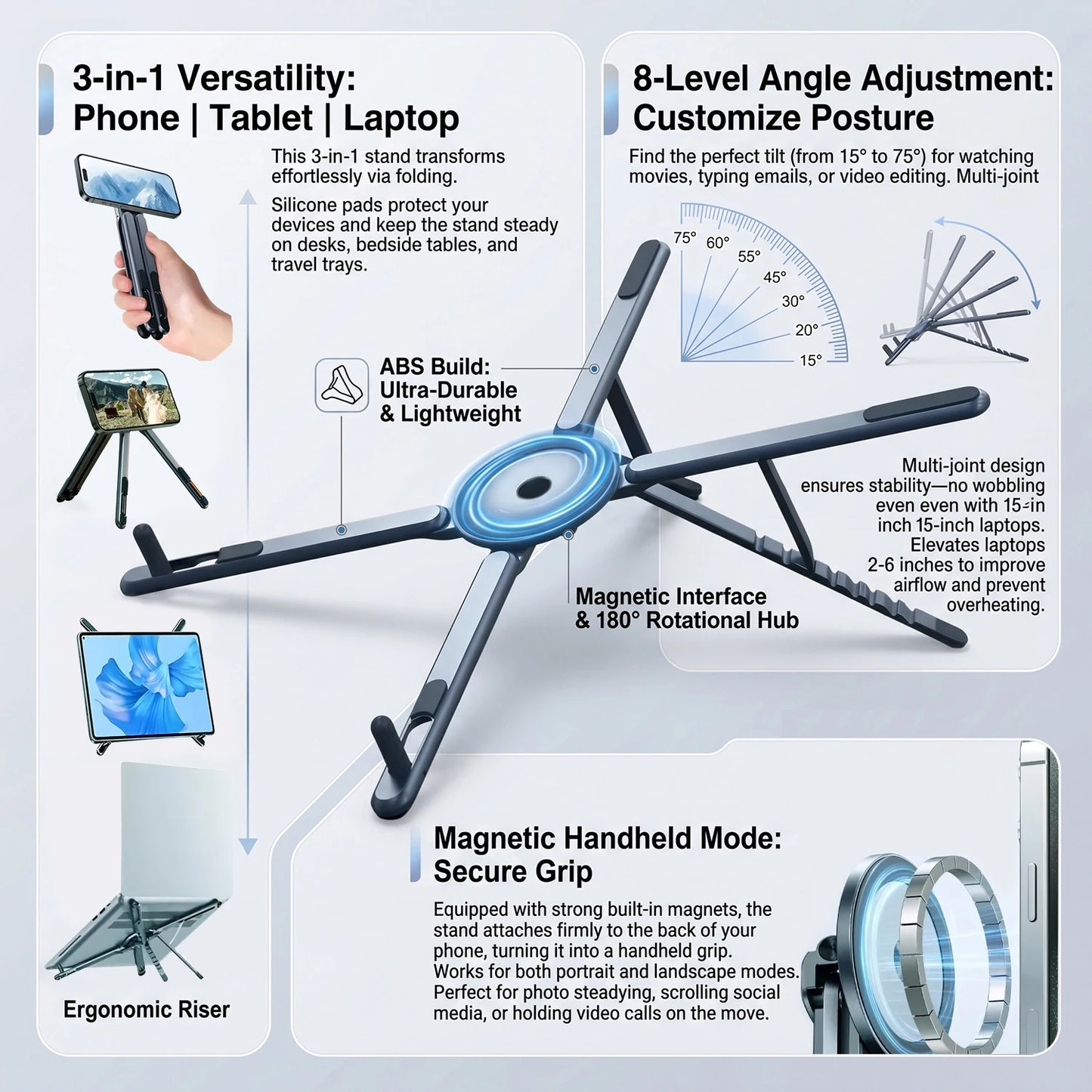 ABS Plastic Desktop 3IN1 Foldable Laptop Stand for Macbook iPad Handheld Magnetic Phone Holder for iPhone Rotate Tripod Bracket
