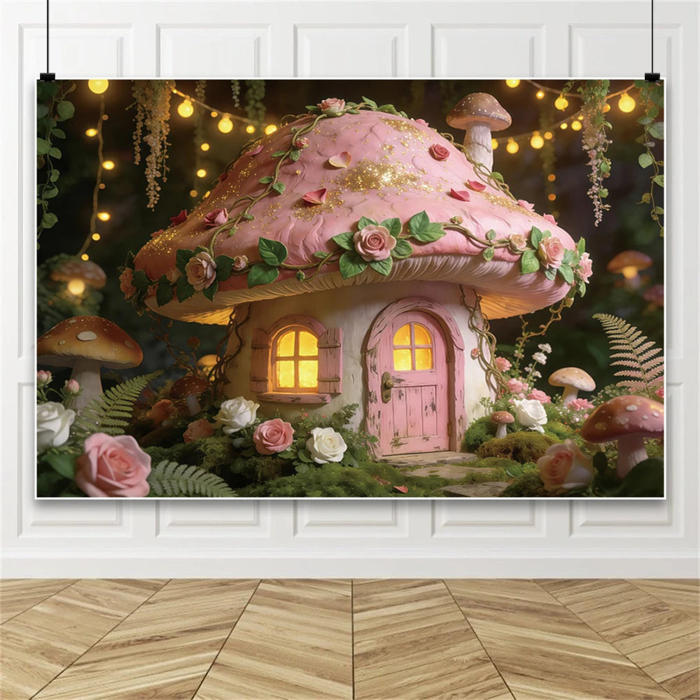 Pink Mushroom House Backdrop Enchanted Fairy Forest Floral Photography Background for Girls Birthday Baby Shower Party Decor