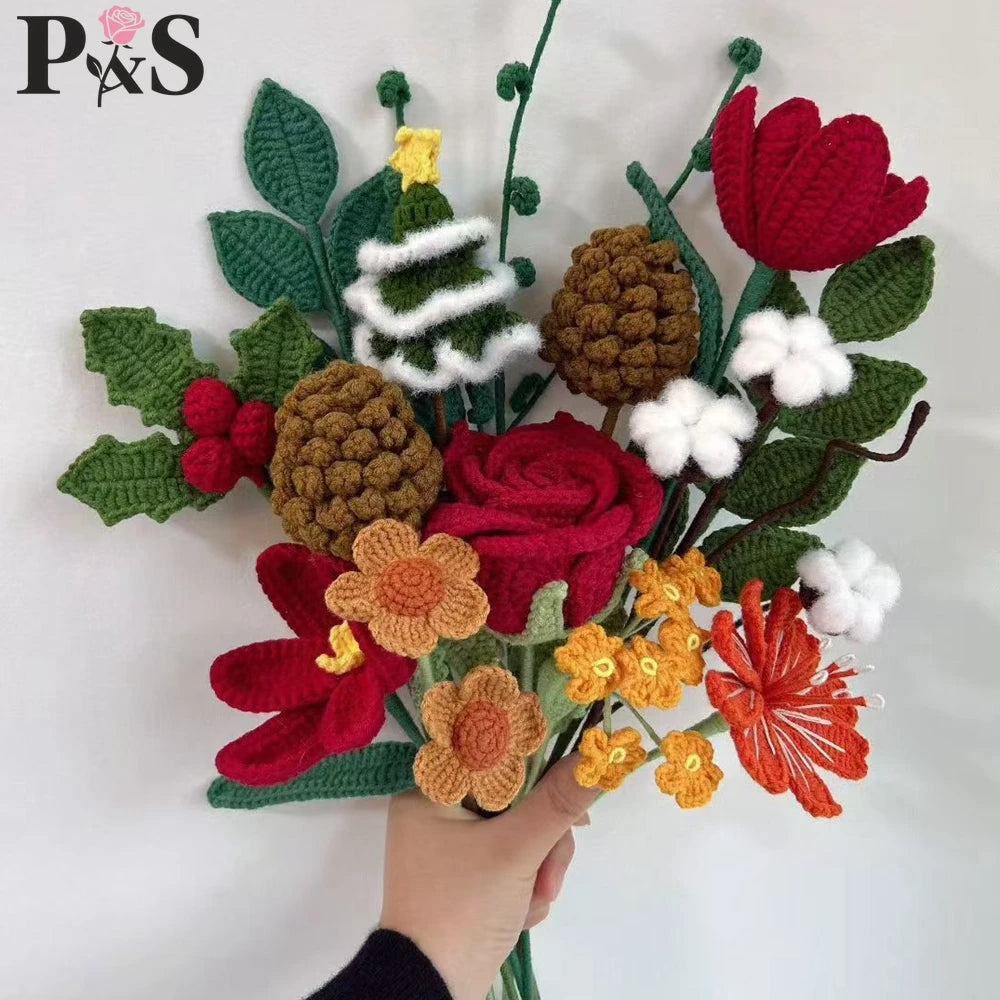 Christmas Crochet Flower Bouquet Decoration Handmade Cute Tulips Rose Pinecone Christmas Tree Home Decoration Artifical Flowers