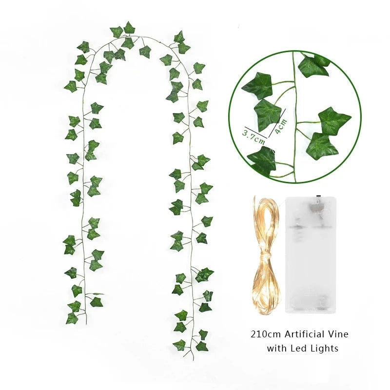 2 Meters LED light string Artificial Green Leaf Vine Home Festival Wedding Bridal garden Hanging green plants party Decoration