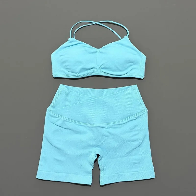 2 Piece Yoga Set Women Criss‑Cross Back Straps Bralette Crossover Waist Yoga Shorts Buttery-Soft Gym Training Workout Activewear