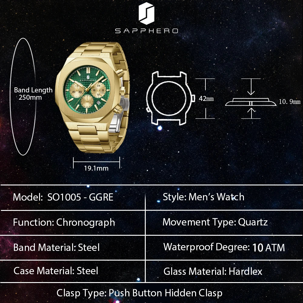 SAPPHERO Men's Luxury Quartz Watch with, Stainless Steel Case, Chronograph, Date Display, 10ATM Waterproof Wristwatch